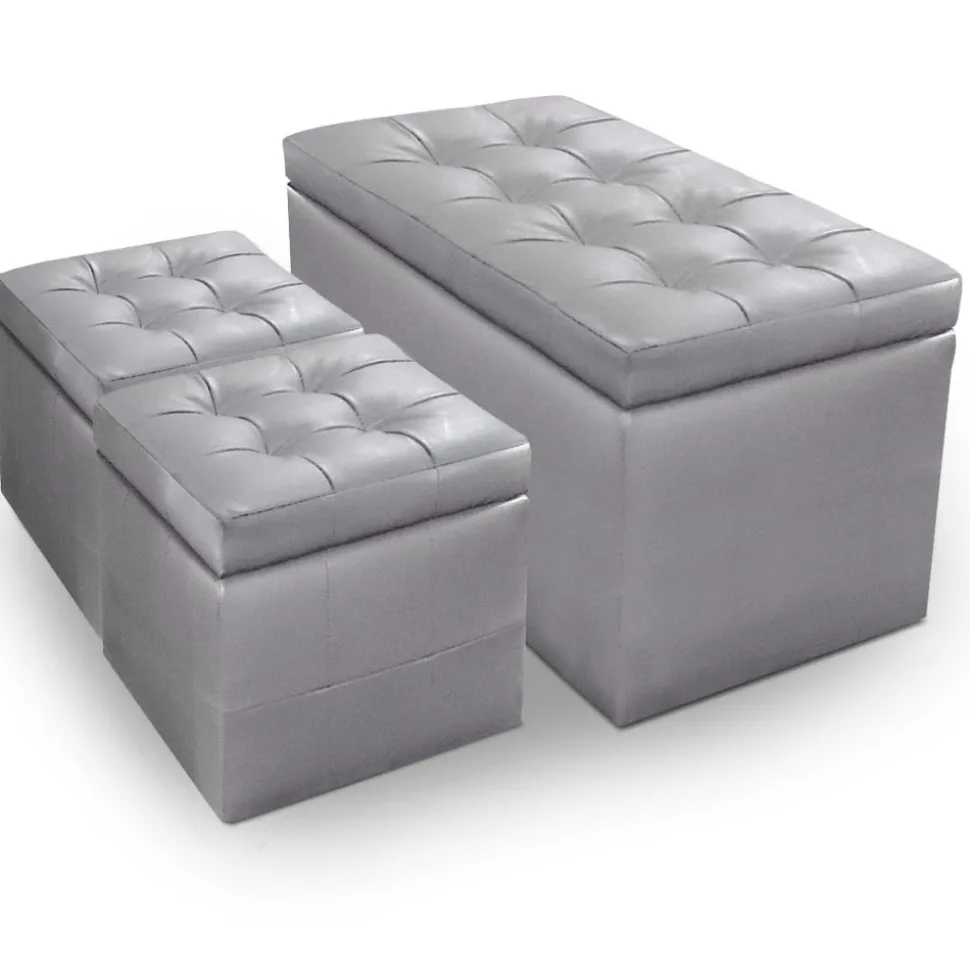 Banc Coffre Panky + 2 poufs Argent