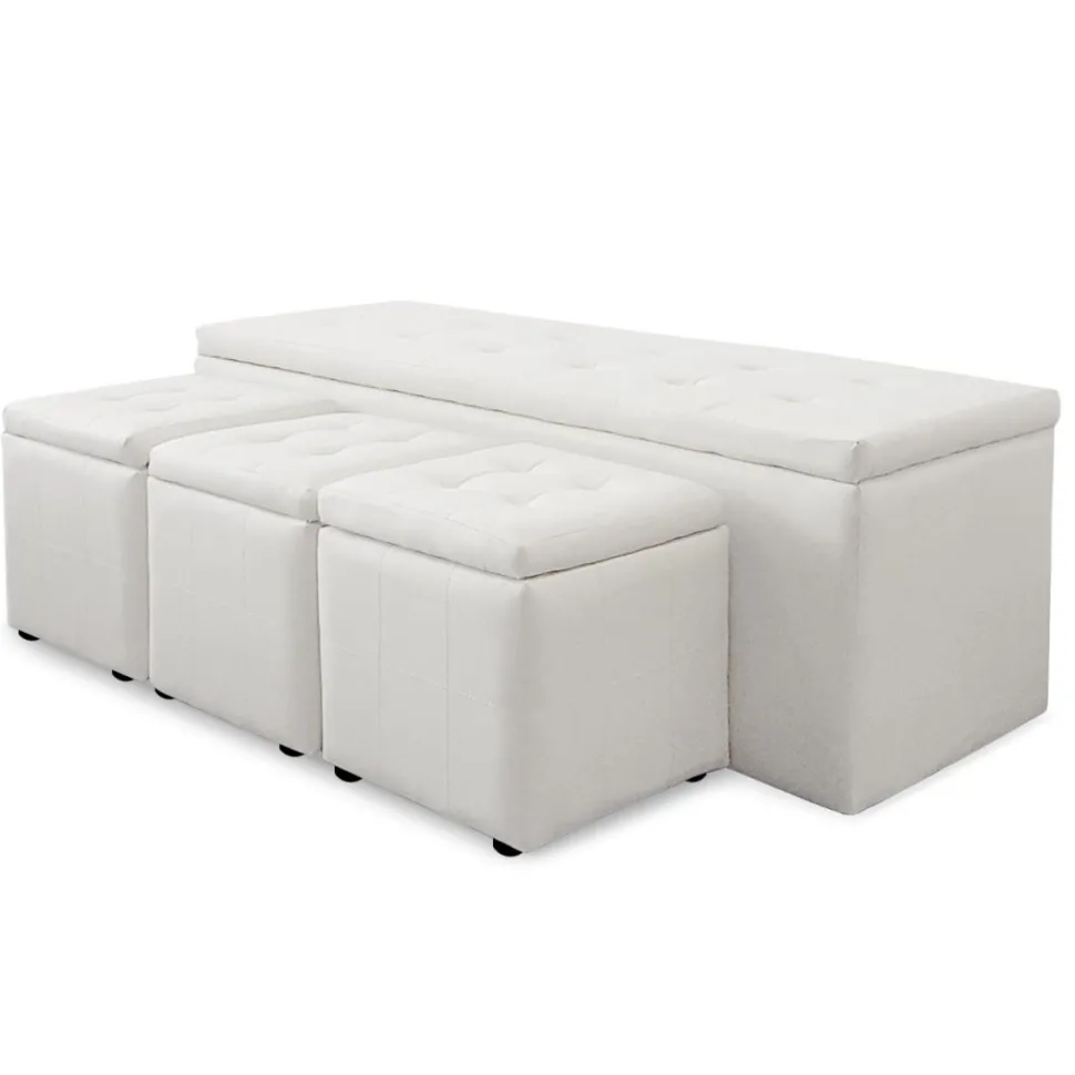 Banc Coffre Panky XL + 3 poufs Blanc