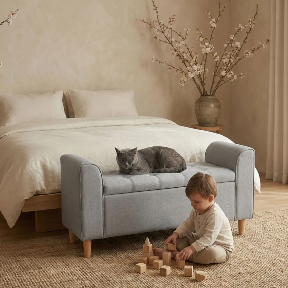 Banc coffre Winnie Tissu Gris clair