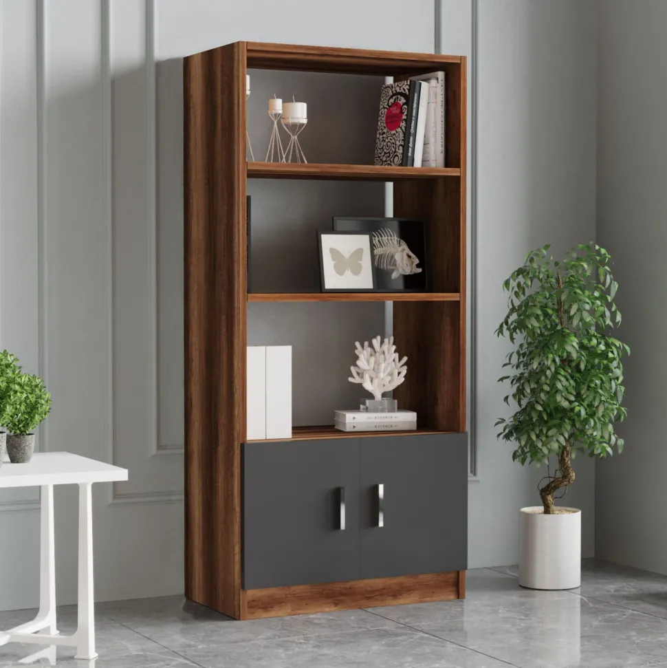 Bibliothèque moderne Busymo Chêne foncé et Gris