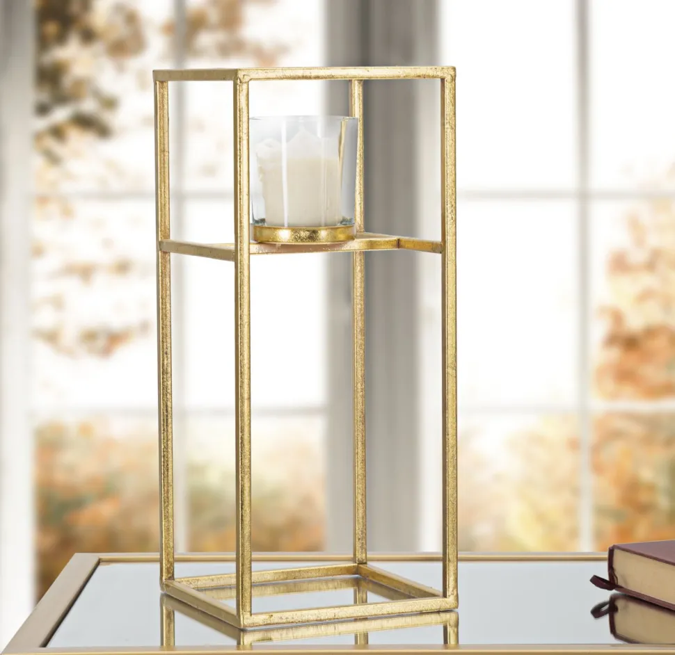 Bougeoir en métal doré et verre transparent carré