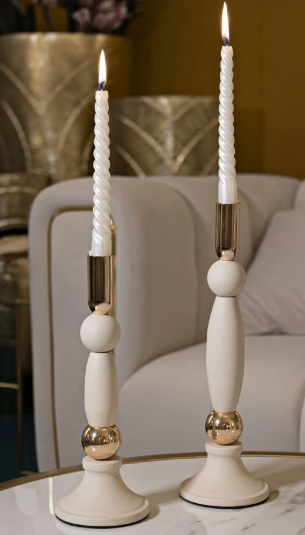 Bougeoir Strek en Crème et Détails dorés Ensemble de 2 pcs