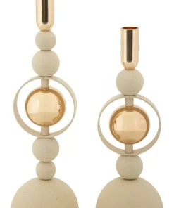 Bougeoirs Saturn en céramique Crème avec détails dorés - Lot de 2