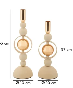Bougeoirs Saturn en céramique Crème avec détails dorés - Lot de 2