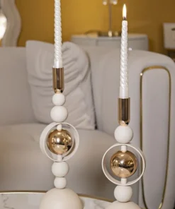 Bougeoirs Saturn en céramique Crème avec détails dorés - Lot de 2