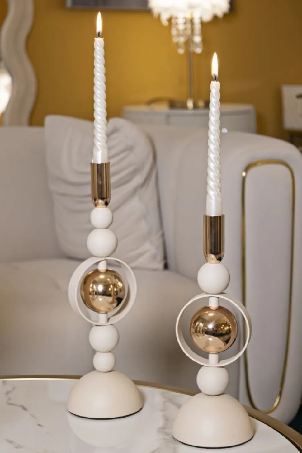 Bougeoirs Saturn en céramique Crème avec détails dorés - Lot de 2