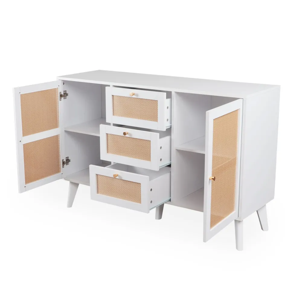 Buffet 3 tiroirs et 2 portes avec cannage Dalgora L120cm Blanc