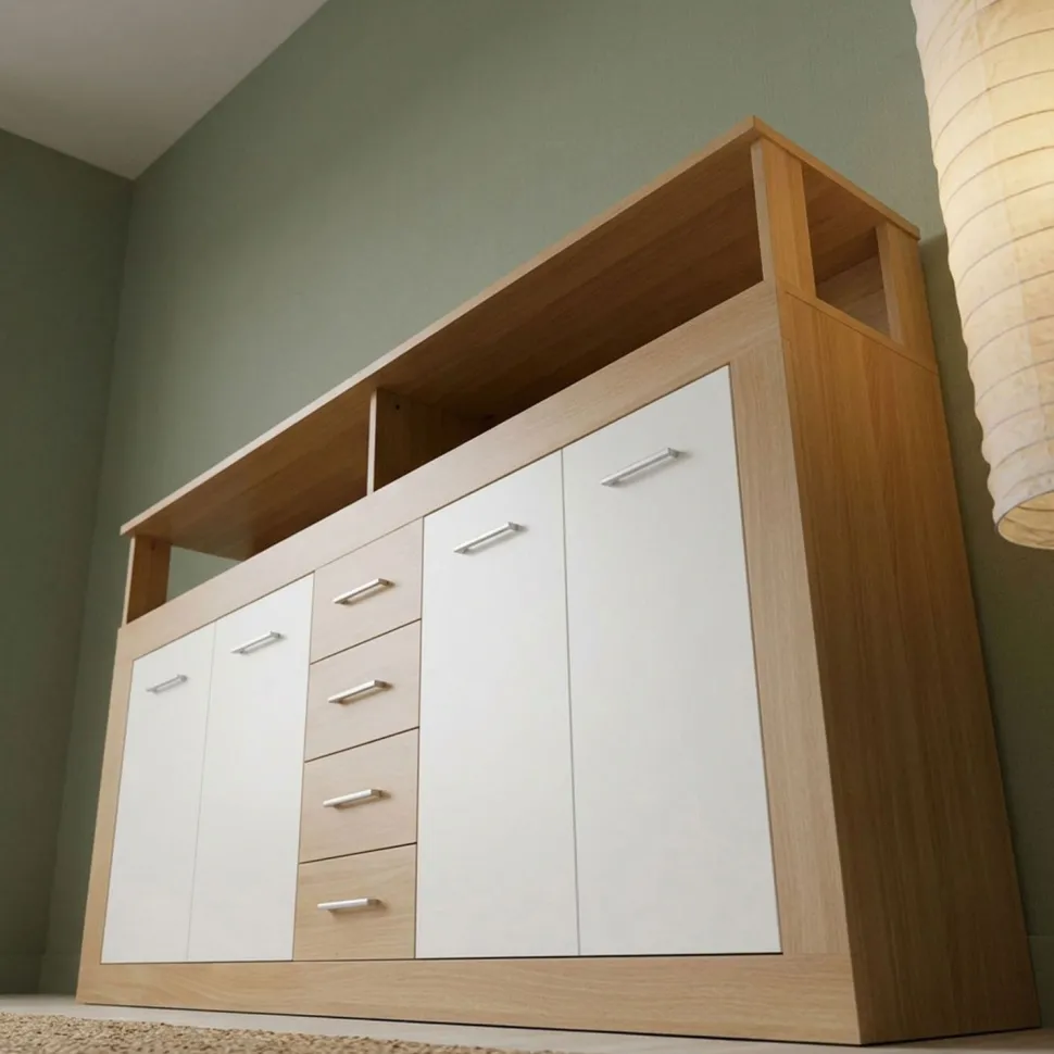 Buffet contemporain L190cm 4 portes er 4 tiroirs Lunata Bois sonoma et Blanc