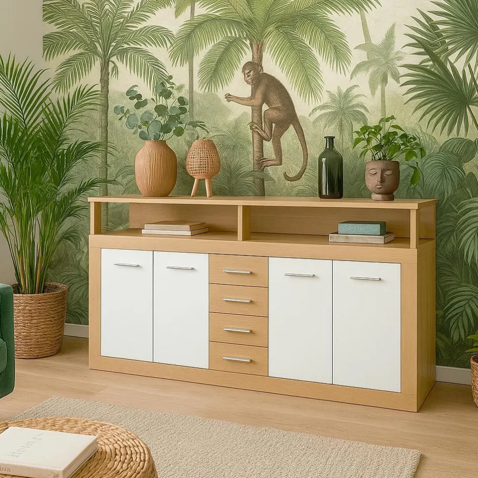 Buffet contemporain L190cm 4 portes er 4 tiroirs Lunata Bois sonoma et Blanc