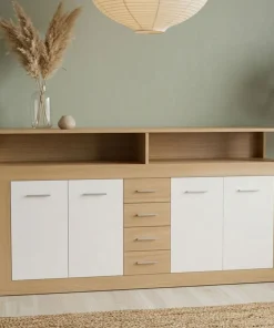 Buffet contemporain L190cm 4 portes er 4 tiroirs Lunata Bois sonoma et Blanc