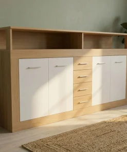 Buffet contemporain L190cm 4 portes er 4 tiroirs Lunata Bois sonoma et Blanc