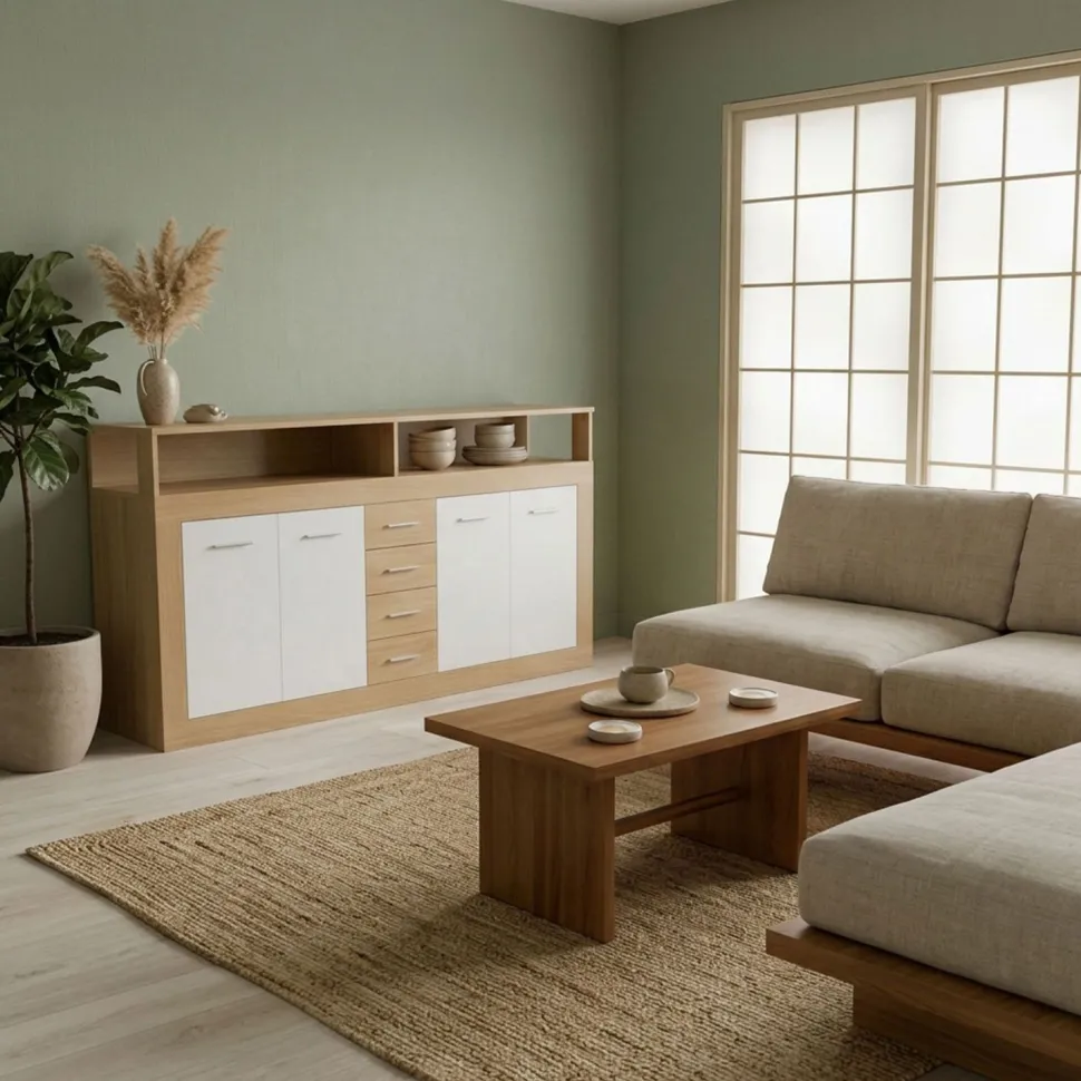 Buffet contemporain L190cm 4 portes er 4 tiroirs Lunata Bois sonoma et Blanc