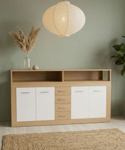 Buffet contemporain L190cm 4 portes er 4 tiroirs Lunata Bois sonoma et Blanc