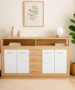 Buffet contemporain L190cm 4 portes er 4 tiroirs Lunata Bois sonoma et Blanc