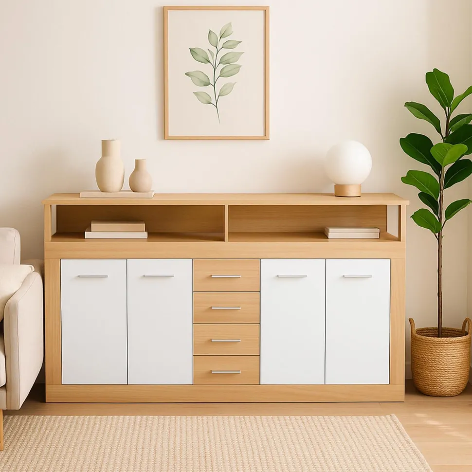 Buffet contemporain L190cm 4 portes er 4 tiroirs Lunata Bois sonoma et Blanc