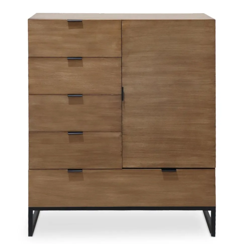 Buffet haut 5 tiroirs et 1 porte battante Panara L90cm Bois d'acacia patiné
