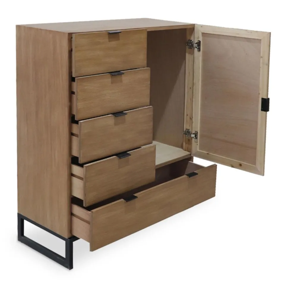 Buffet haut 5 tiroirs et 1 porte battante Panara L90cm Bois d'acacia patiné