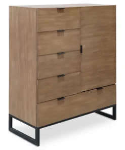 Buffet haut 5 tiroirs et 1 porte battante Panara L90cm Bois d'acacia patiné