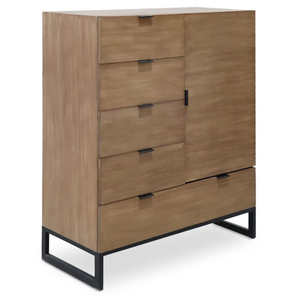 Buffet haut 5 tiroirs et 1 porte battante Panara L90cm Bois d'acacia patiné