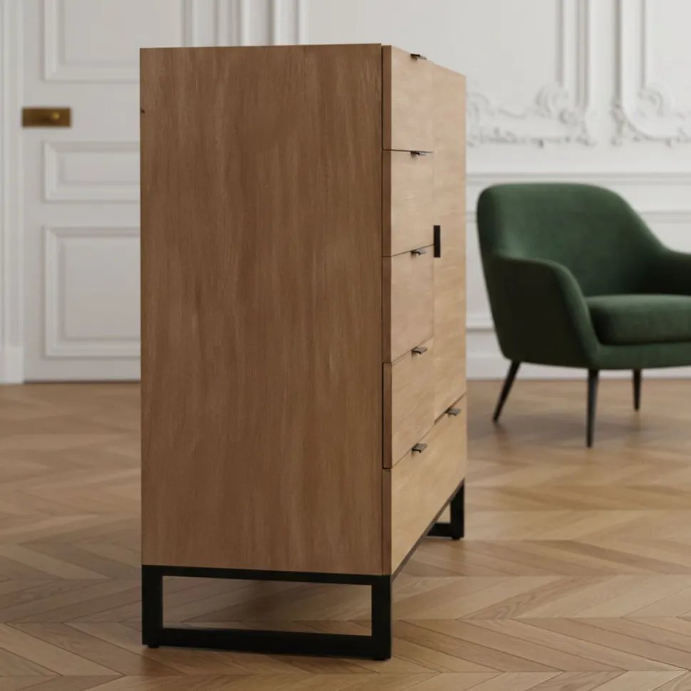 Buffet haut 5 tiroirs et 1 porte battante Panara L90cm Bois d'acacia patiné