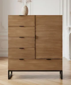 Buffet haut 5 tiroirs et 1 porte battante Panara L90cm Bois d'acacia patiné