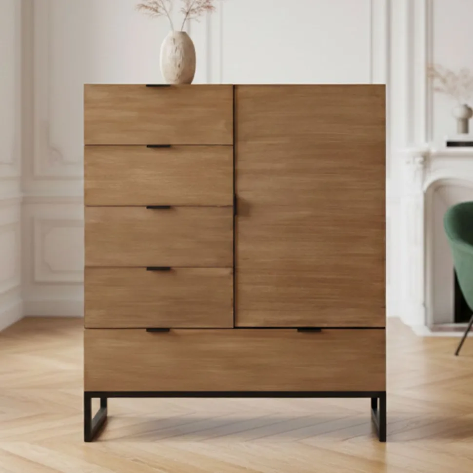 Buffet haut 5 tiroirs et 1 porte battante Panara L90cm Bois d'acacia patiné