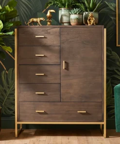 Buffet haut 5 tiroirs et 1 porte Edgar L90cm Bois Marron et Métal Or