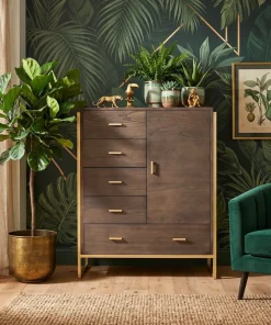 Buffet haut 5 tiroirs et 1 porte Edgar L90cm Bois Marron et Métal Or