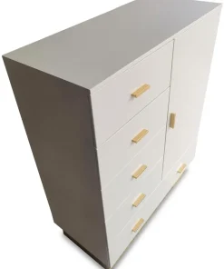 Buffet haut moderne 5 tiroirs et 1 porte Nestor Taupe clair et Or