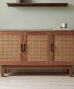 Buffet moderne L113cm Poetis 3 portes avec cannage Rotin et Bois
