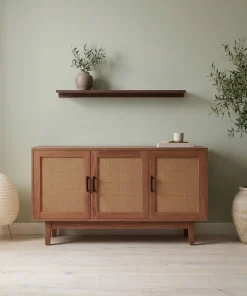 Buffet moderne L113cm Poetis 3 portes avec cannage Rotin et Bois