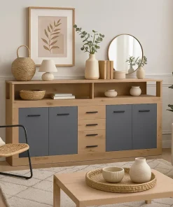 Buffet style industriel L190cm 4 portes er 4 tiroirs Lunata Chêne et Gris