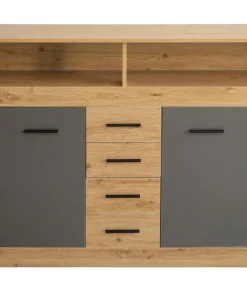 Buffet style industriel L190cm 4 portes er 4 tiroirs Lunata Chêne et Gris
