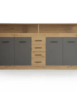 Buffet style industriel L190cm 4 portes er 4 tiroirs Lunata Chêne et Gris