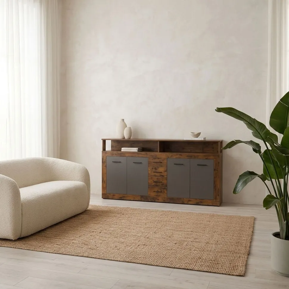 Buffet style industriel L190cm 4 portes er 4 tiroirs Lunata Bois foncé et Gris