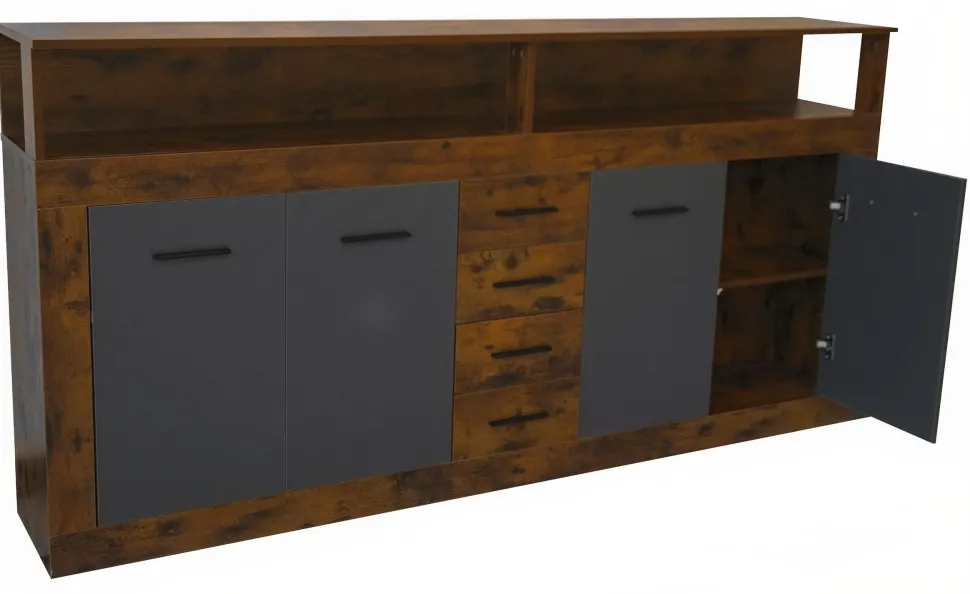 Buffet style industriel L190cm 4 portes er 4 tiroirs Lunata Bois foncé et Gris