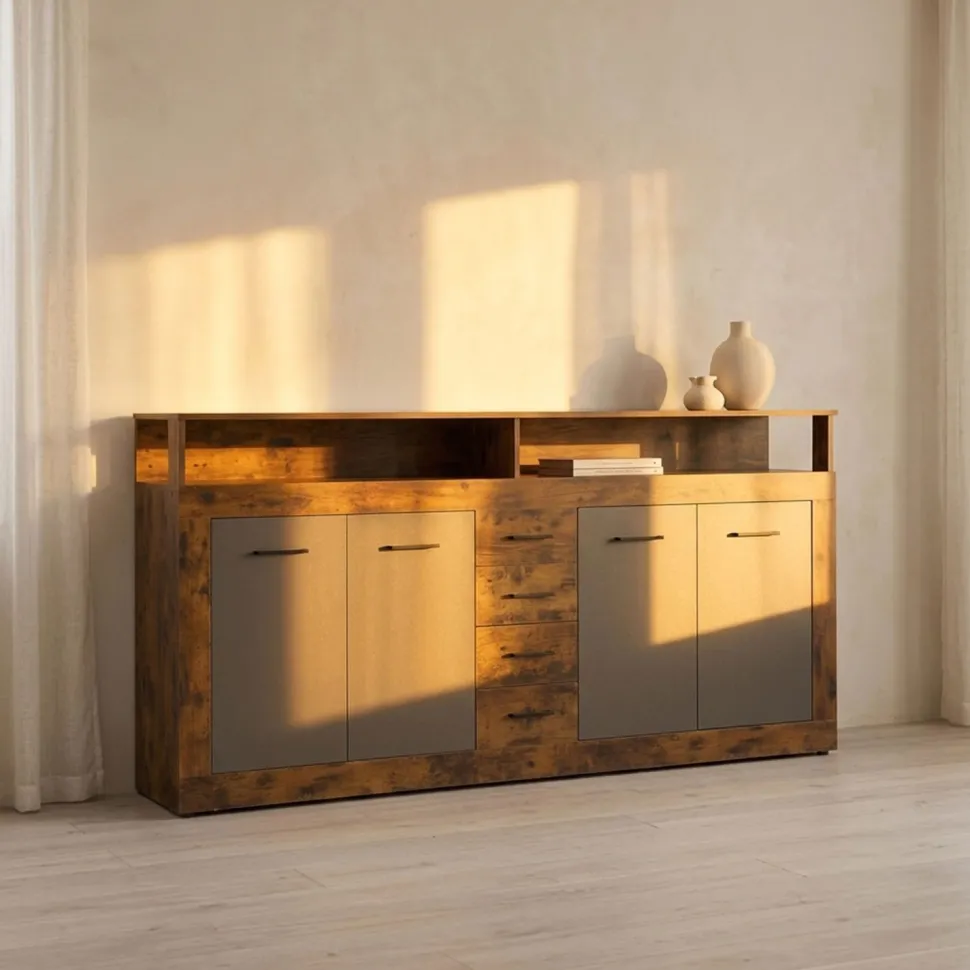 Buffet style industriel L190cm 4 portes er 4 tiroirs Lunata Bois foncé et Gris