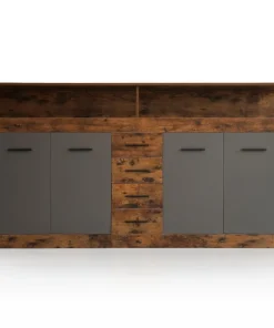 Buffet style industriel L190cm 4 portes er 4 tiroirs Lunata Bois foncé et Gris