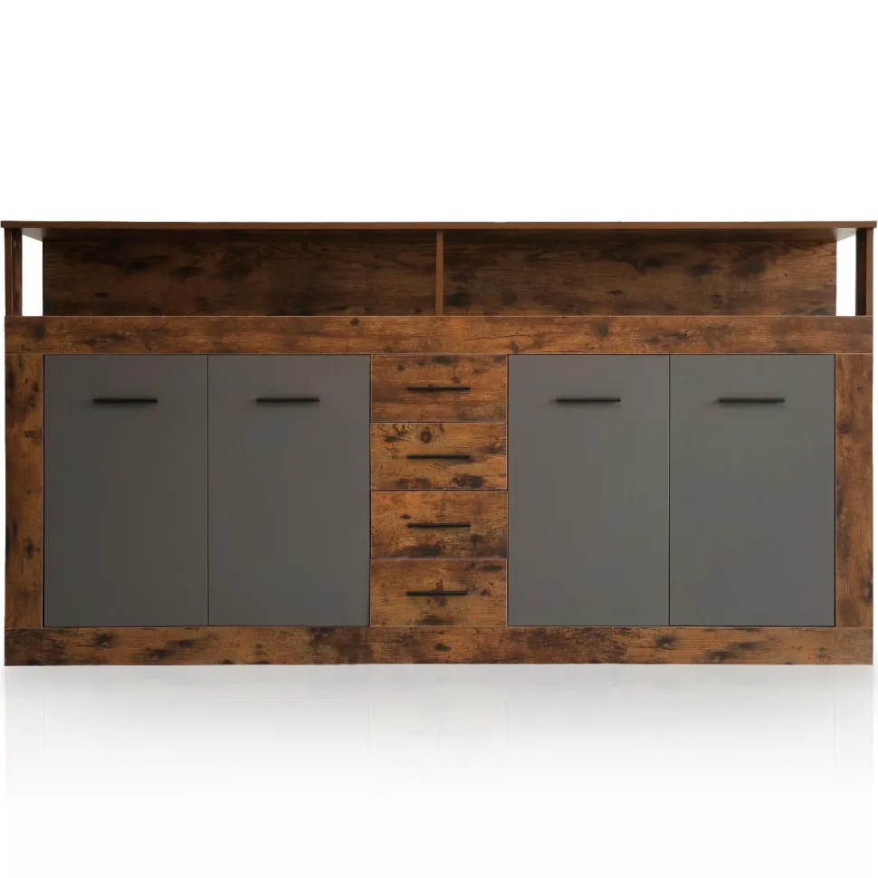 Buffet style industriel L190cm 4 portes er 4 tiroirs Lunata Bois foncé et Gris