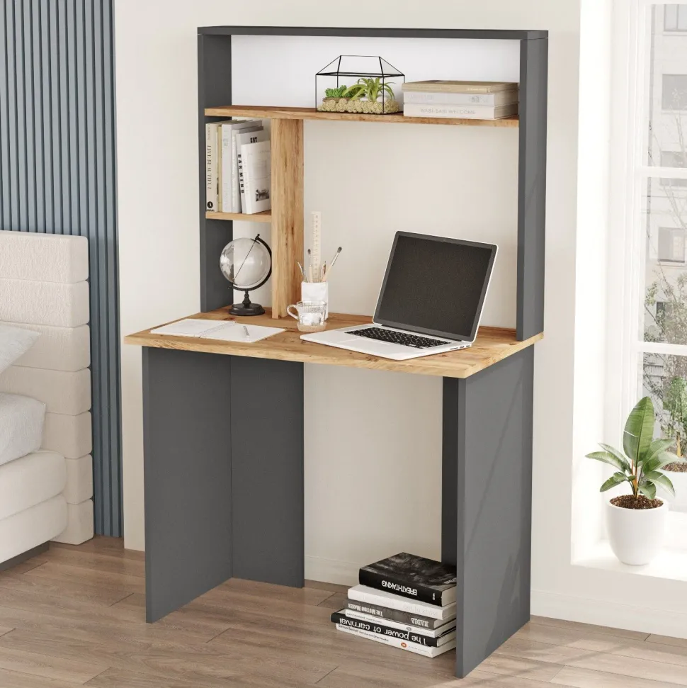 Bureau 3 étagères Nizart L90cm Bois et Anthracite