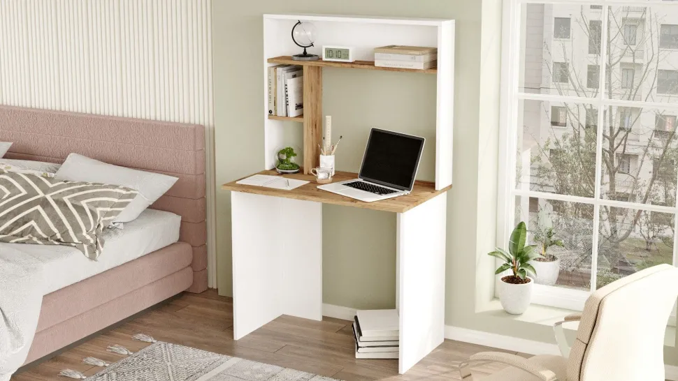 Bureau 3 étagères Nizart L90cm Bois et Blanc