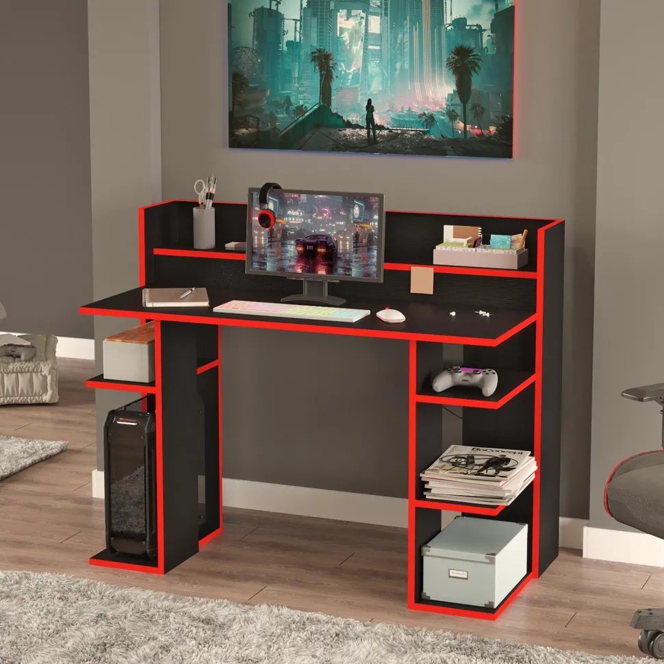 Bureau à étagères style gamer Vrecto L124cm Noir et Rouge