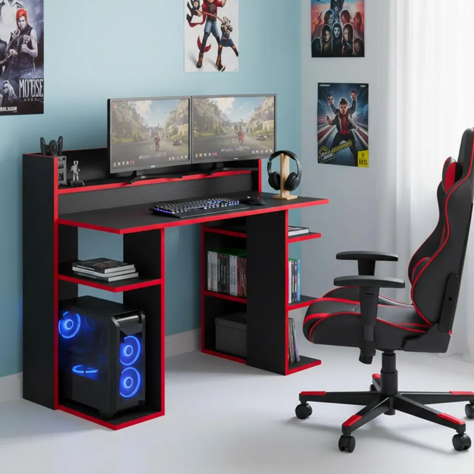 Bureau à étagères style gamer Vrecto L124cm Noir et Rouge