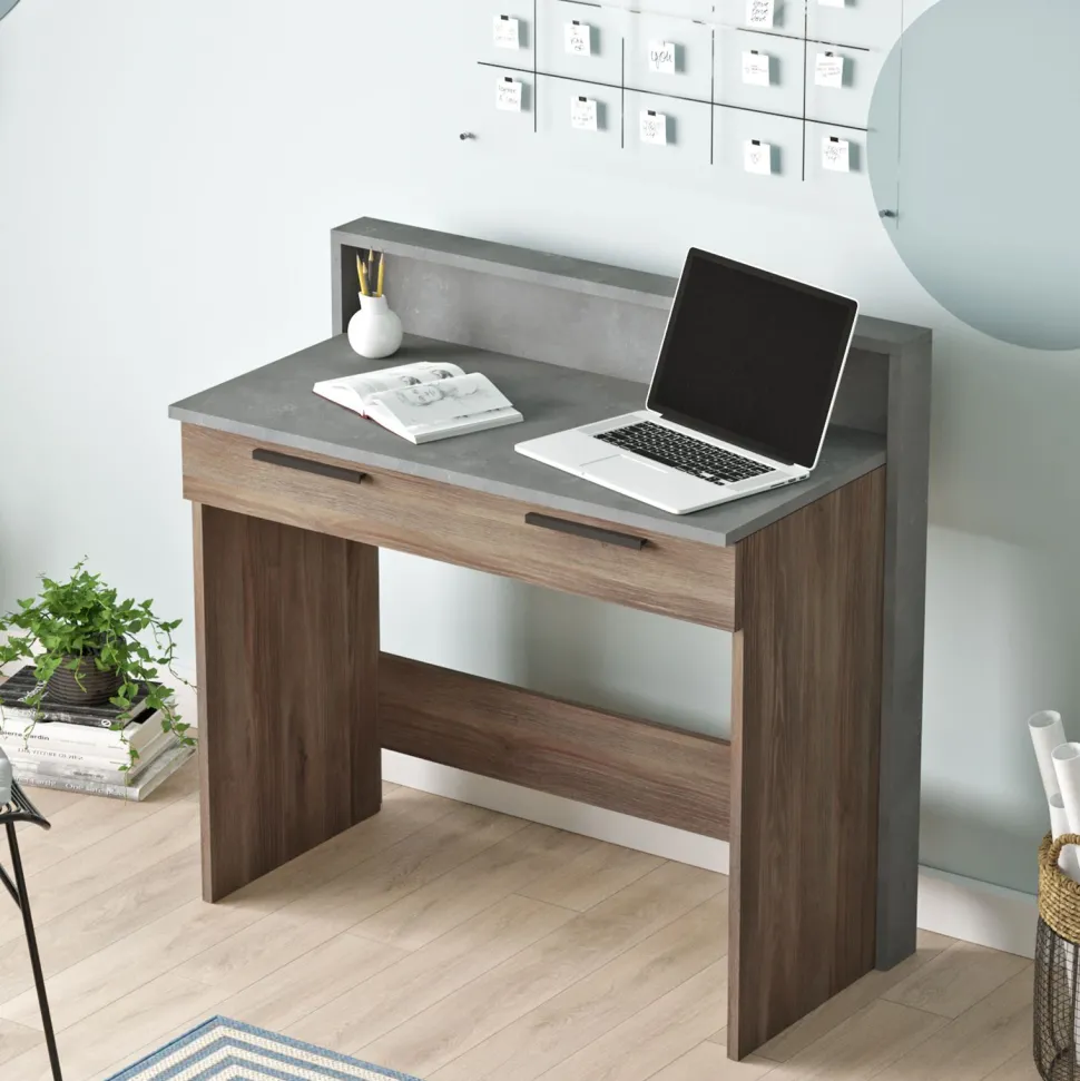 Bureau 1 tiroir Manolo Bois Marron et Effet Ciment Gris