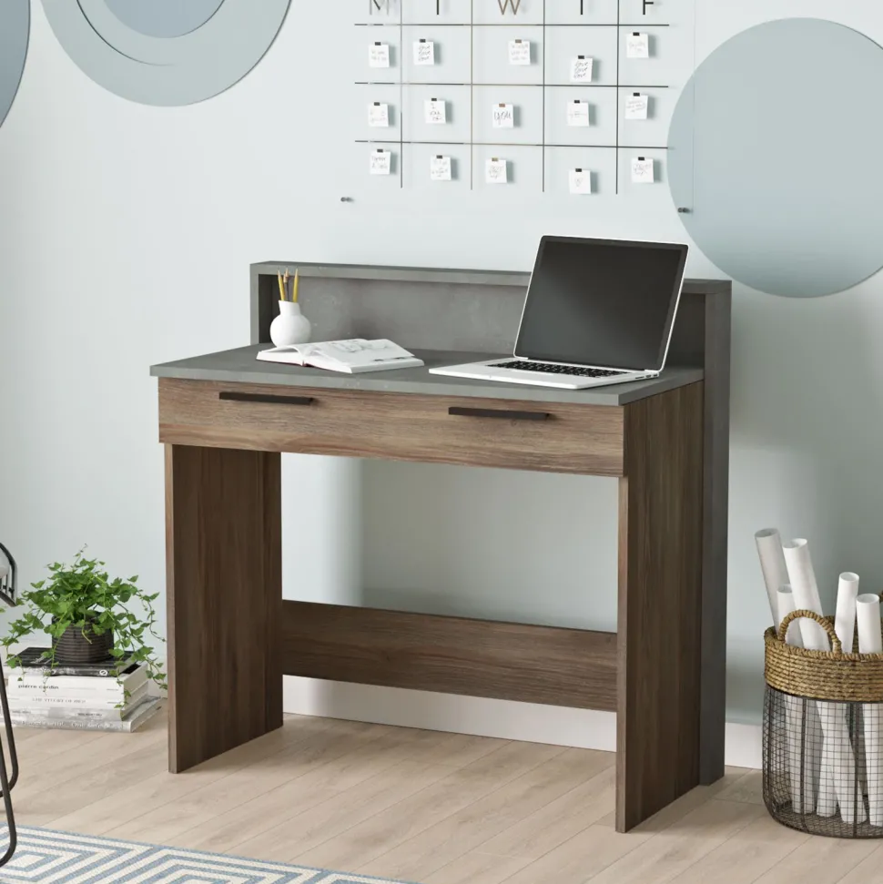 Bureau 1 tiroir Manolo Bois Marron et Effet Ciment Gris