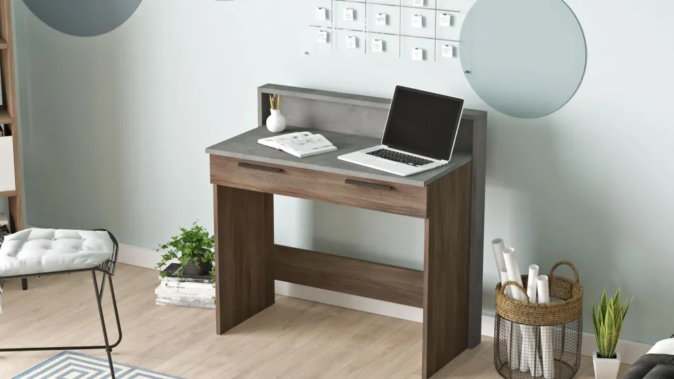 Bureau 1 tiroir Manolo Bois Marron et Effet Ciment Gris