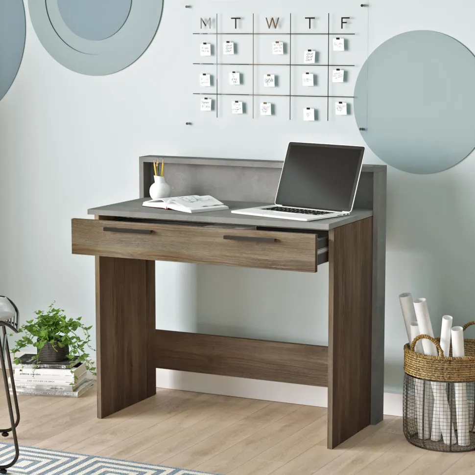Bureau 1 tiroir Manolo Bois Marron et Effet Ciment Gris
