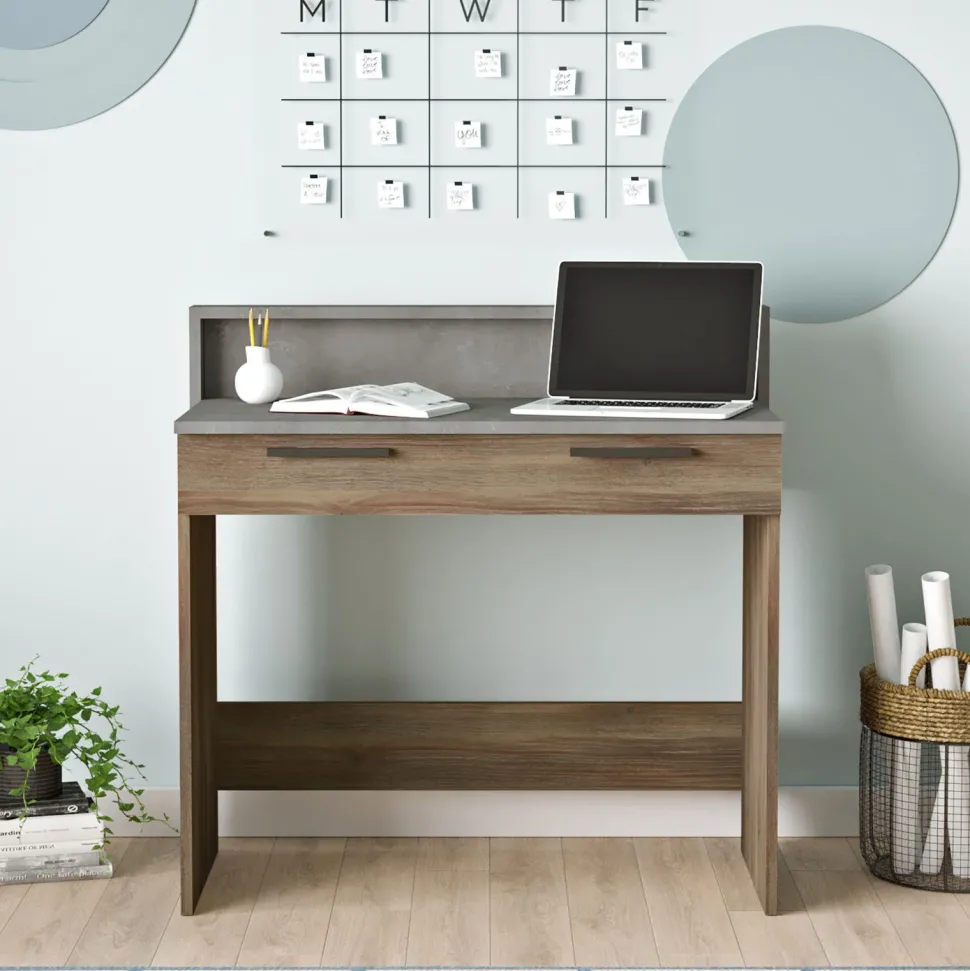 Bureau 1 tiroir Manolo Bois Marron et Effet Ciment Gris