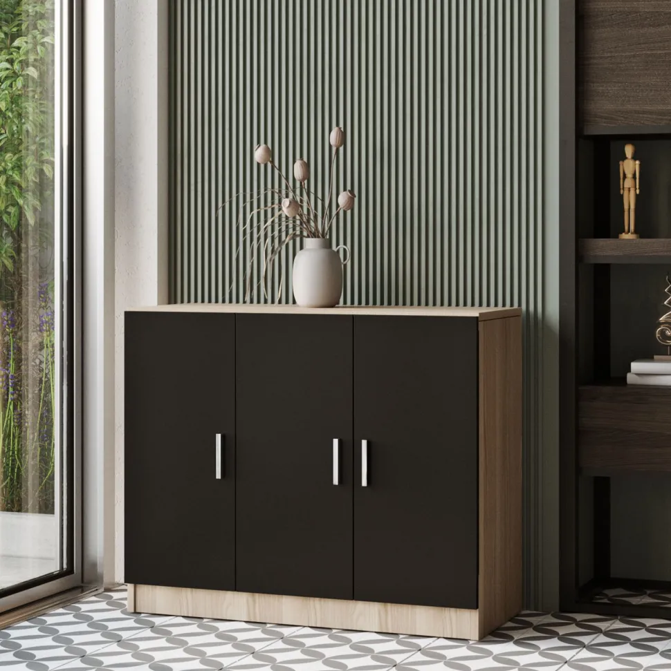 Bureau, armoire, commode et table basse Busymo Chêne clair et Noir