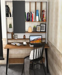 Bureau avec étagère Fekadu L120cm Bois foncé, Blanc et Anthracite